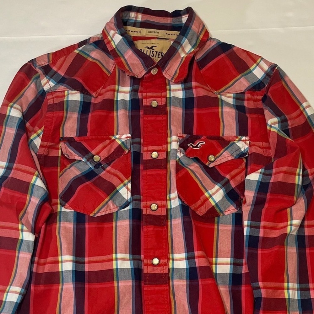 Hollister Plaid Western Pearl Snap Shirt Mens Medium Red Surfer Cut Americana